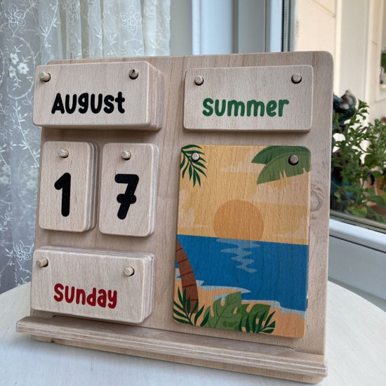 Picture of Montessori Wooden Desk Calendar for Kids, Wood Calendar for Toddlers