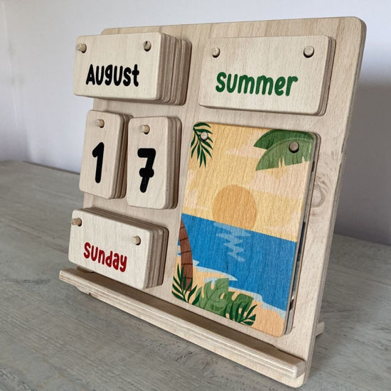 Picture of Montessori Wooden Desk Calendar for Kids, Wood Calendar for Toddlers
